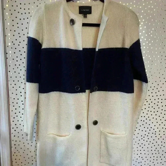 La Fee Verte Wool Navy Blue Cream Long Cardigan - Picture 4 of 7